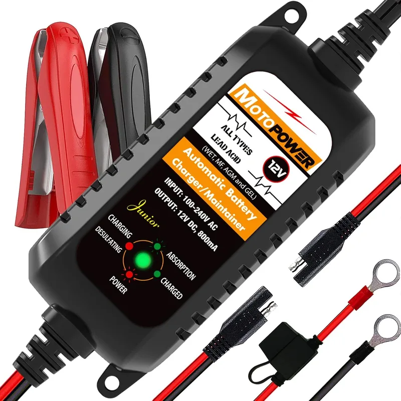 MOTOPOWER ▫️ MP0205A 12 V 800 mA Carregador automático de baterias/mantenedor para automóveis, motociclos, ATVs, autocaravanas, veículos desportivos motorizados, barcos e muito mais. Inteligente, compacto e amigo do ambiente