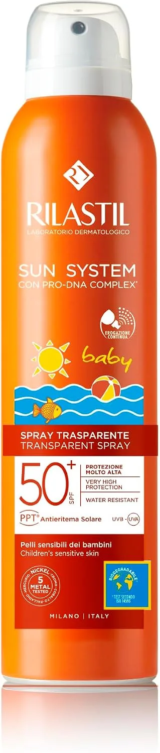 Rilastil ▫️ Sun System - Spray Fotoprotetor Wet-skin Baby Transparente, com FPS 50+, pulverização contínua e multi-posição 360°, dos 3 aos 4 anos - 200 ml
