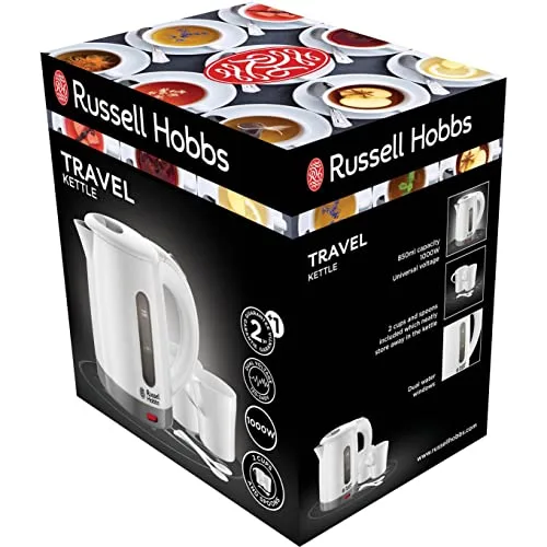 Russell Hobbs ▫️ Fervedor Elétrico de Água Travel - 0,85 litros, 1000 W, Fervedor de viagem, 2 chávenas e colheres, filtro removível, indicador do nível de água, plástico, branco - 23840-70 5