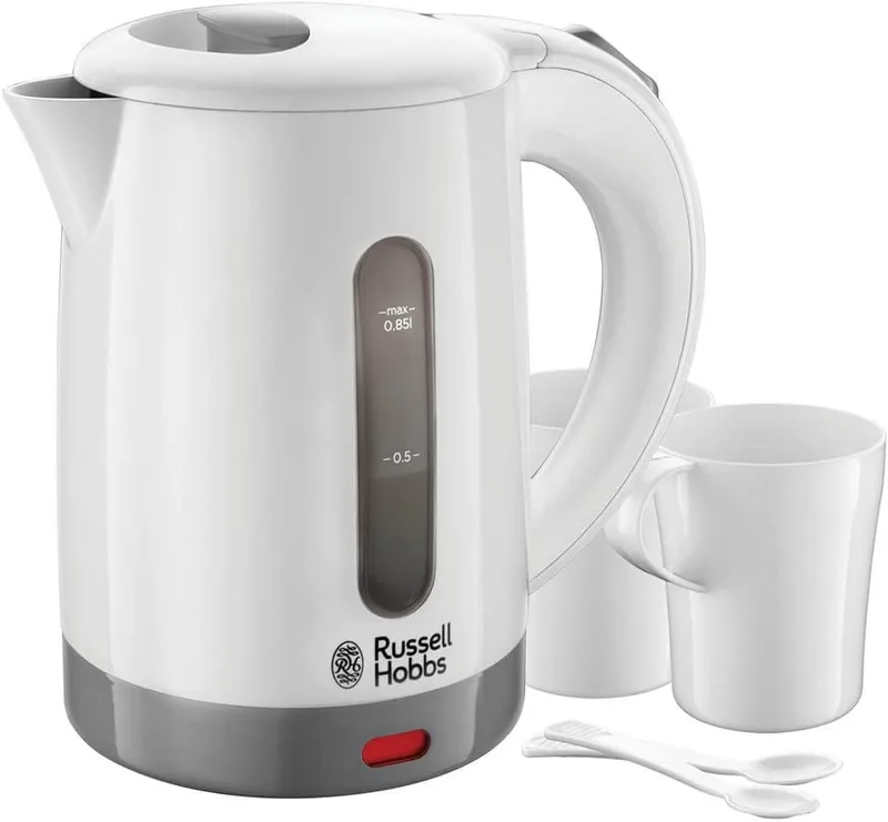 Russell Hobbs ▫️ Fervedor Elétrico de Água Travel - 0,85 litros, 1000 W, Fervedor de viagem, 2 chávenas e colheres, filtro removível, indicador do nível de água, plástico, branco - 23840-70