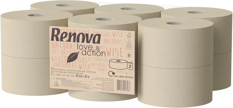 RENOVA ▫️ Papel Higiénico Jumbo Love&Action | 12 rolos Premium de 90 metros | Papel Kraft de 2 camadas | Certificado FSC e Ecolabel