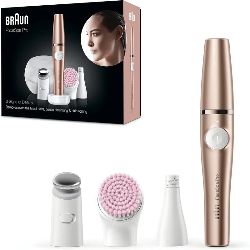 Braun ▫️ FaceSpa Pro - Depiladora facial elétrica multifuncional para mulher, com escova de limpeza, base de carregamento, bolsa de transporte, sem fios e à prova de água, 921, bronze