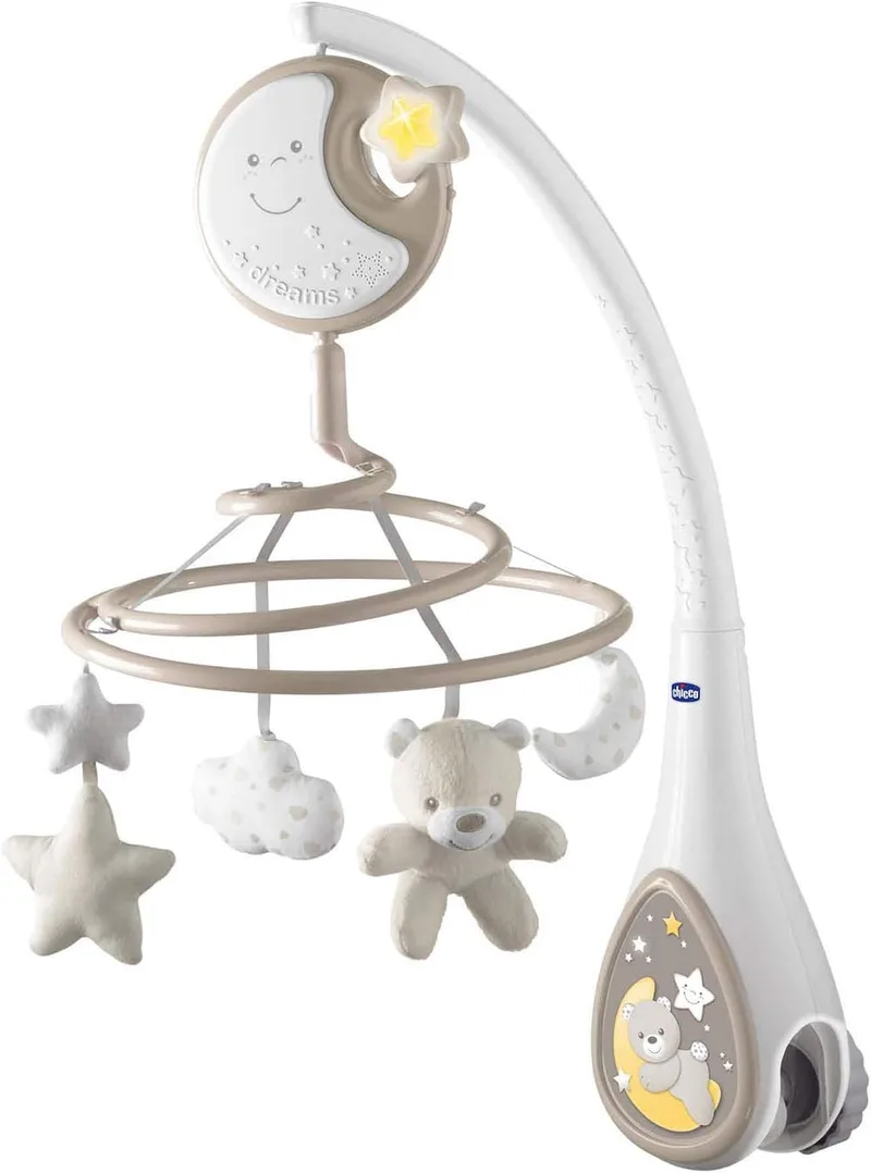 Chicco ▫️ Next2Dreams Móbil Carrossel para Bebé - 3 em 1, compatível com o berço Next2Me ou mini-berços para dormir junto dos pais/viagem, efeitos sonoros, projetor de luz noturna e música clássica, a partir dos 0 meses, cinzento