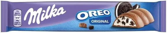 Milka ▫️ Oreo Alpine Chocolate com pedaços de bolacha Oreo e recheio de baunilha - Embalagem de 24 x 37g