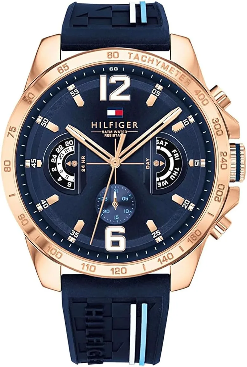 Tommy Hilfiger ▫️ Relógio analógico multifuncional de quartzo para homem, com bracelete em silicone, aço inoxidável ou couro, submostras para o dia e a data, resistente à água até 5 ATM.