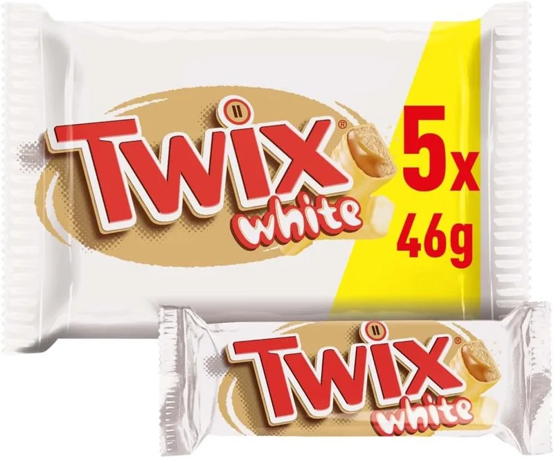 Twix ▫️ Chocolate Branco com biscoito crocante e caramelo suave coberto de chocolate branco, em barra dupla, Multipack (5 x 46g)