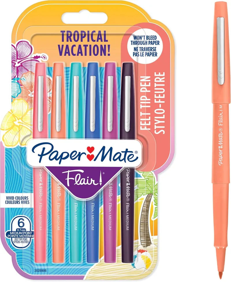 Paper Mate ▫️ Marcador Flair, ponta média de 1,1 mm, cores «Tropical», embalagem de 6