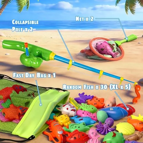 CozyBomB ▫️ Jogo de Pesca Magnética para Crianças de 3, 4 e 5 Anos - Conjunto Refrescante para Combater o Calor - Inclui 2 canas de pesca, saco de rede e criaturas marinhas - Brinquedo educativo para piscina, jardim e banheira 3