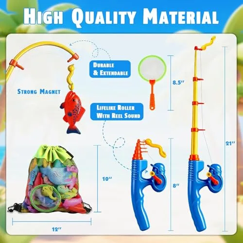 CozyBomB ▫️ Jogo de Pesca Magnética para Crianças de 3, 4 e 5 Anos - Conjunto Refrescante para Combater o Calor - Inclui 2 canas de pesca, saco de rede e criaturas marinhas - Brinquedo educativo para piscina, jardim e banheira 4