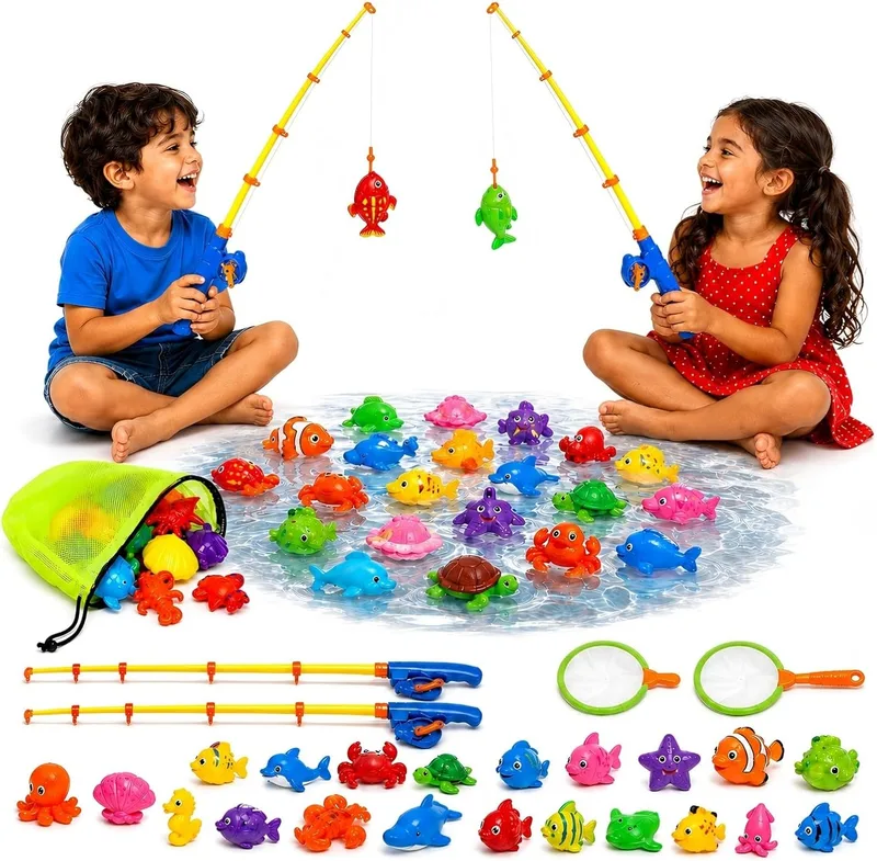 CozyBomB ▫️ Jogo de Pesca Magnética para Crianças de 3, 4 e 5 Anos - Conjunto Refrescante para Combater o Calor - Inclui 2 canas de pesca, saco de rede e criaturas marinhas - Brinquedo educativo para piscina, jardim e banheira