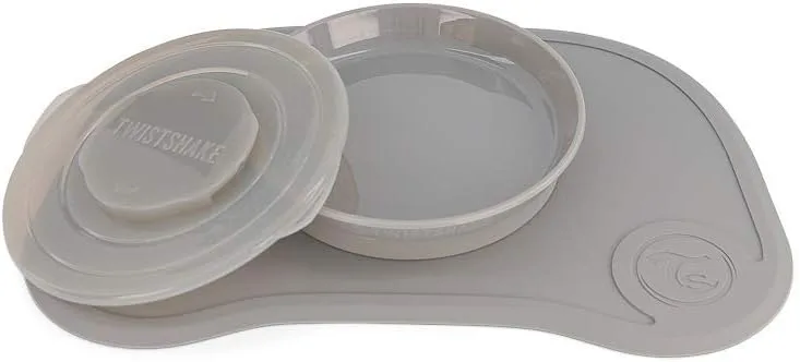 TWISTSHAKE ▫️ Click-Mat 38 x 25 cm Toalha de mesa individual, tabuleiro de alimentação para mesa + prato com tampa, alimentação para bebés, louça, sem BPA, a partir dos 6 meses, cinzento pastel