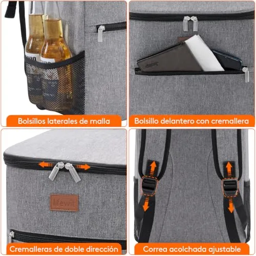 Lifewit ▫️ Mochila térmica de 24 L (30 latas), mochilas térmicas portáteis isotérmicas, bolsa térmica impermeável para alimentos, bolsa térmica para praia, piquenique, campismo, viagens e trabalho, cinzenta 5