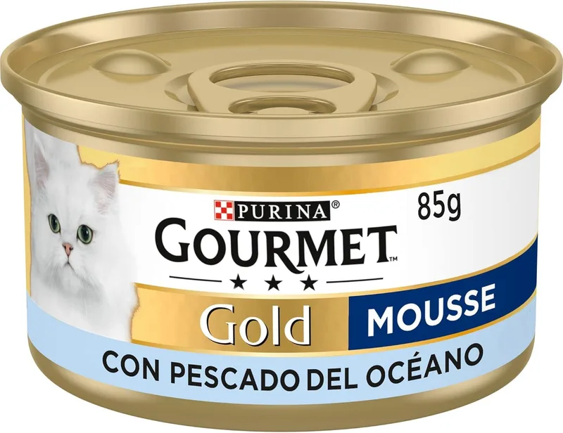 Gourmet ▫️ Gold Mousse, Comida húmida para gatos adultos, Mousse de peixe do oceano, Embalagem de 24 latas de 85 g