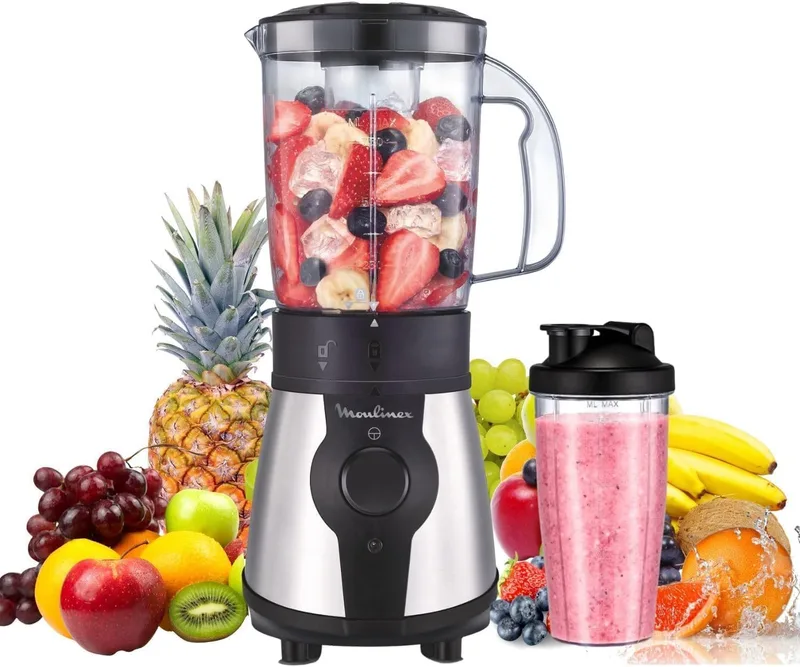 Moulinex ▫️ Blend & Go, varinha mágica 300 W, jarro de 1,3 L, compacto, 4 lâminas amovíveis, acabamento em aço inoxidável, peças laváveis na máquina de lavar louça, garrafa de plástico 750 ml, LM1B1D10