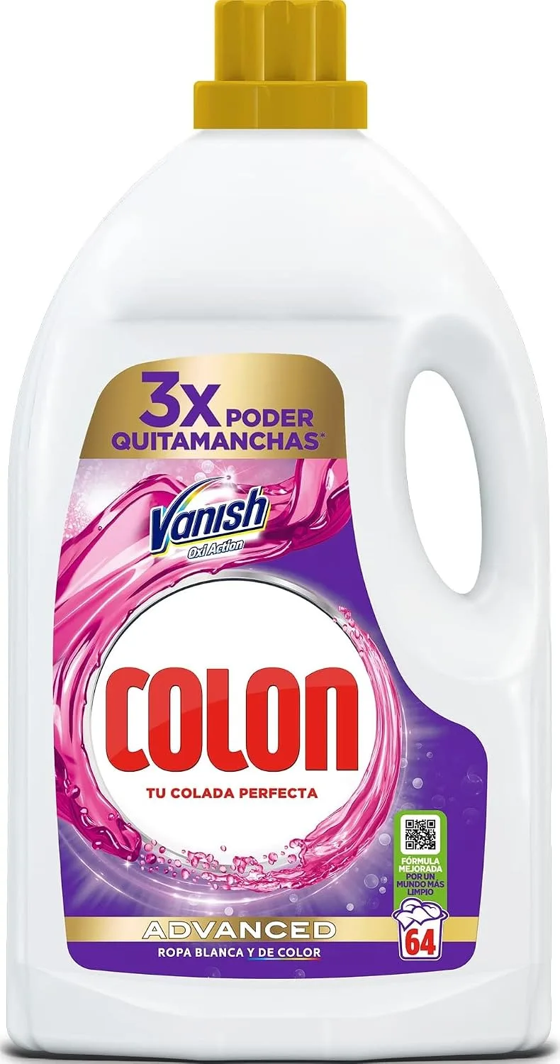 Colon ▫️ Vanish Advanced - Detergente para máquina de lavar roupa com removedor de manchas, adequado para roupa branca e de cor, 64 lavagens, 2880 ml
