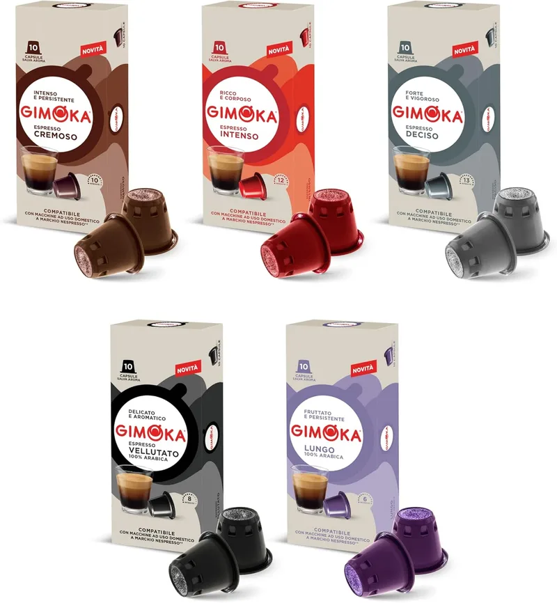 Gimoka ▫️ Kit de degustação 5 variedades de café, intensidade variável entre 6 e 13-100 cápsulas - Compatível com máquinas de café Nespresso* para uso doméstico - Produzido em Itália - 10 embalagens de 10