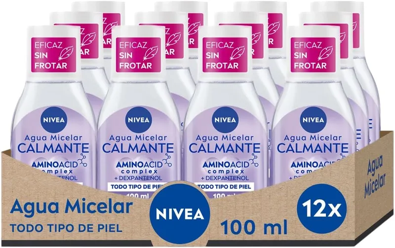 NIVEA ▫️ Água Micelar Calmante Mini - Desmaquilhante Facial - Com Dexpantenol - Desmaquilhante para os olhos, rosto e lábios - Limpa sem esfregar - Hidrata - Calmante - Para todos os tipos de pele - Embalagem de 12 x 100 ml
