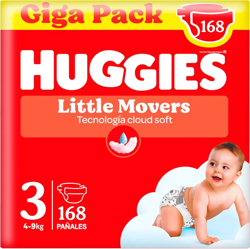 HUGGIES ▫️ Little Movers – Fraldas para bebé com motivos da Disney, Tamanho 3 (4-9 kg), Conforto para a pele 24 horas por dia, 7 dias por semana, 3 embalagens de 56, total de 168 fraldas