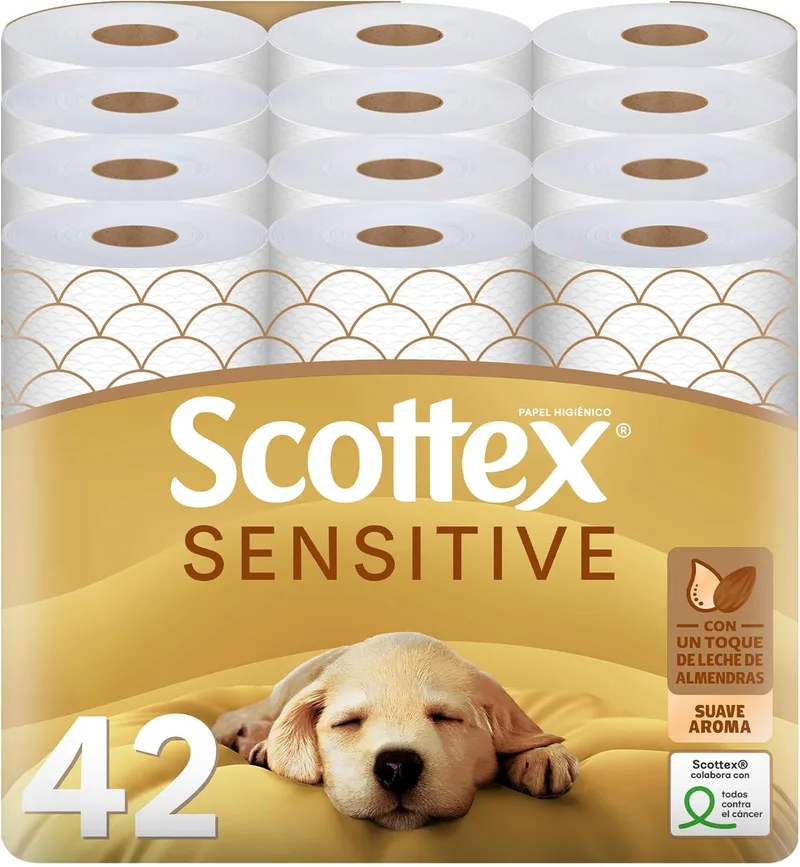 Scottex ▫️ Papel higiénico Sensitive, 42 rolos de 3 camadas, com um toque delicado graças à adição de leite de amêndoa (7 embalagens de 6 rolos)