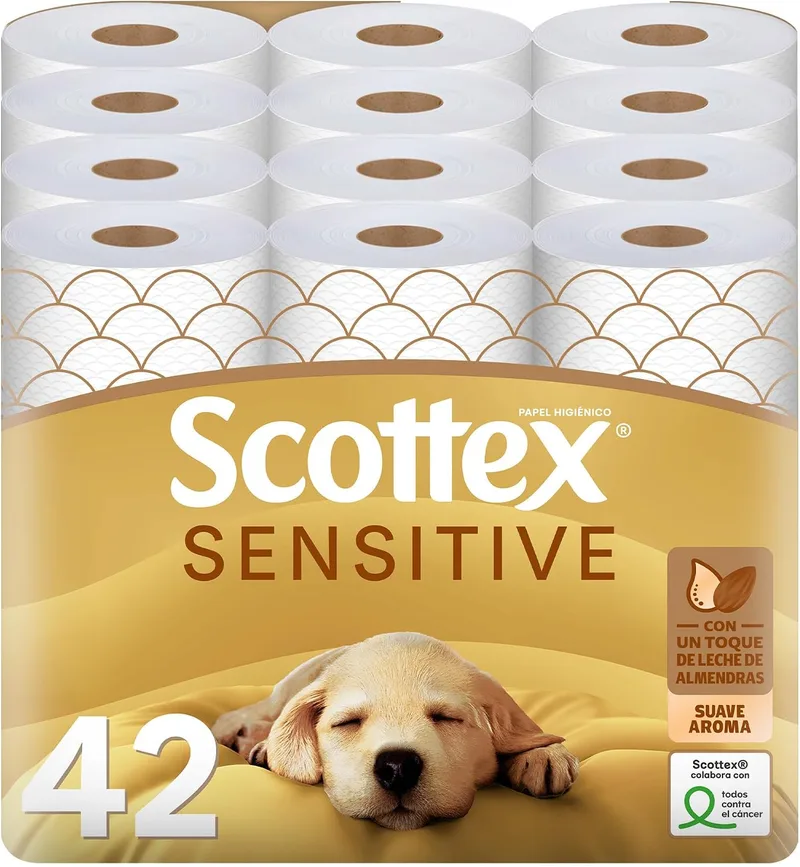 Scottex ▫️ Papel higiénico Sensitive, 42 rolos com 3 camadas, para um cuidado delicado graças ao toque de leite de amêndoa (7 embalagens de 6 rolos)
