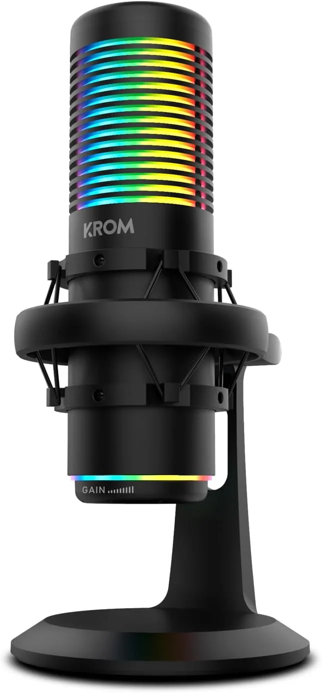 KROM ▫️ Kaze – Kit de microfone para streaming de alta qualidade com 2 cápsulas condensadoras, cardioide/omnidirecional, suporte anti-choque, RGB, compatível com Windows, macOS, Android e iOS – Preto