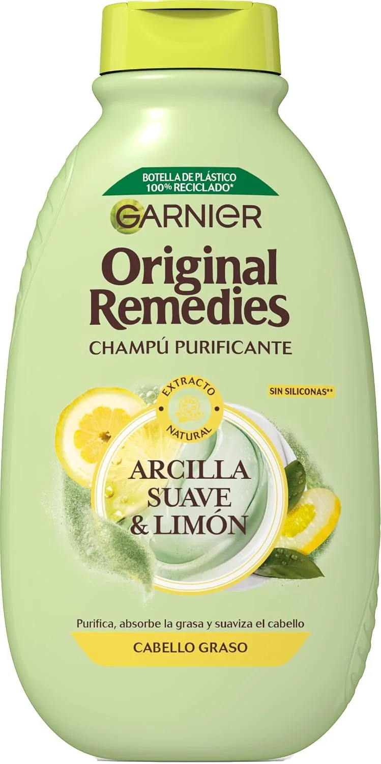 Garnier ▫️ Original Remedies - Champô com Argila Suave para Cabelo Oleoso, Multi, Limão, 400 mililitros