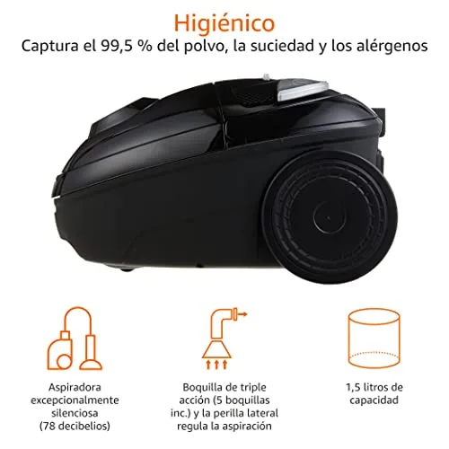 Amazon Basics ▫️ Aspirador potente com saco, para pisos duros e alcatifas, filtro HEPA, compacto e leve, 700 W, 1,5 l (UE), Preto 3