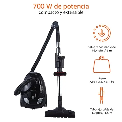 Amazon Basics ▫️ Aspirador potente com saco, para pisos duros e alcatifas, filtro HEPA, compacto e leve, 700 W, 1,5 l (UE), Preto 5