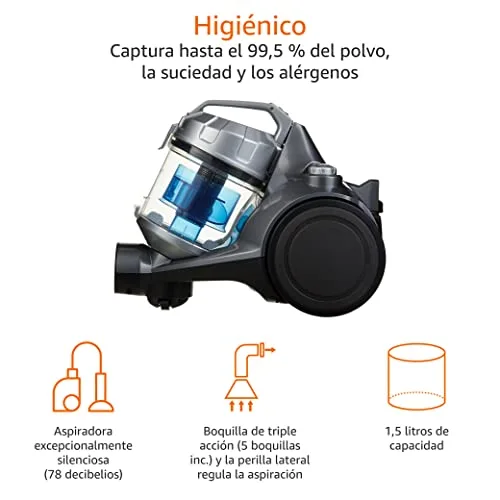 Amazon Basics ▫️ Aspirador de cilindro potente sem saco, para pisos duros e alcatifas, filtro HEPA, compacto e leve, 700 W, 1,5 l (UE), Preto 3