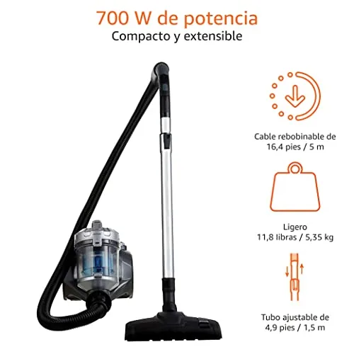 Amazon Basics ▫️ Aspirador de cilindro potente sem saco, para pisos duros e alcatifas, filtro HEPA, compacto e leve, 700 W, 1,5 l (UE), Preto 4