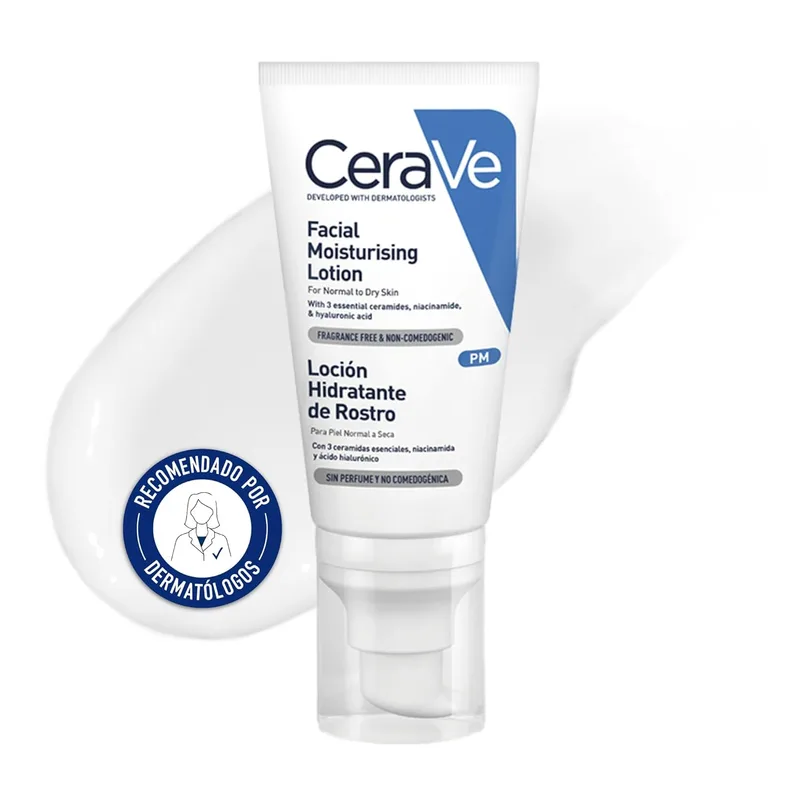 CeraVe, Loção Hidratante Facial PM, Para peles normais a secas, Hidrata e restaura a barreira protetora da pele, Enriquecida com Ceramidas Essenciais, Niacinamida e Ácido Hialurónico, 52ml