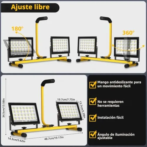 T-SUN ▫️ 11 000 lúmenes – Luz de trabalho LED com pega, 2 focos LED ajustáveis com cabo de 4 metros, interruptor individual, IP66, para interiores, exteriores, obras, oficinas e garagens 2