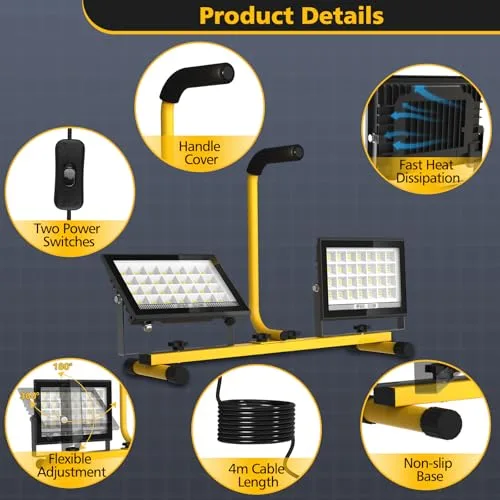 T-SUN ▫️ 11 000 lúmenes – Luz de trabalho LED com pega, 2 focos LED ajustáveis com cabo de 4 metros, interruptor individual, IP66, para interiores, exteriores, obras, oficinas e garagens 3