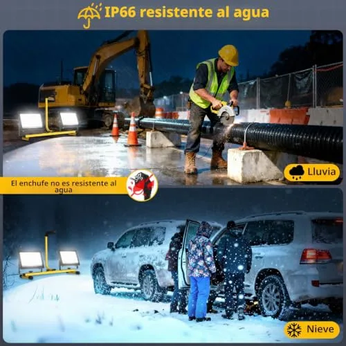 T-SUN ▫️ 11 000 lúmenes – Luz de trabalho LED com pega, 2 focos LED ajustáveis com cabo de 4 metros, interruptor individual, IP66, para interiores, exteriores, obras, oficinas e garagens 4