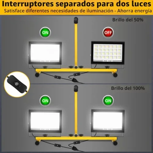 T-SUN ▫️ 11 000 lúmenes – Luz de trabalho LED com pega, 2 focos LED ajustáveis com cabo de 4 metros, interruptor individual, IP66, para interiores, exteriores, obras, oficinas e garagens 5