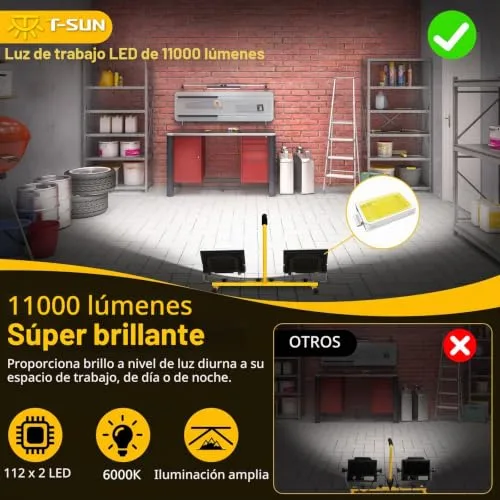 T-SUN ▫️ 11 000 lúmenes – Luz de trabalho LED com pega, 2 focos LED ajustáveis com cabo de 4 metros, interruptor individual, IP66, para interiores, exteriores, obras, oficinas e garagens 6
