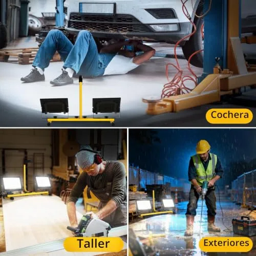 T-SUN ▫️ 11 000 lúmenes – Luz de trabalho LED com pega, 2 focos LED ajustáveis com cabo de 4 metros, interruptor individual, IP66, para interiores, exteriores, obras, oficinas e garagens 7