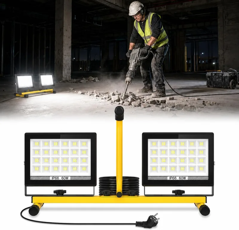 T-SUN ▫️ 11 000 lúmenes – Luz de trabalho LED com pega, 2 focos LED ajustáveis com cabo de 4 metros, interruptor individual, IP66, para interiores, exteriores, obras, oficinas e garagens