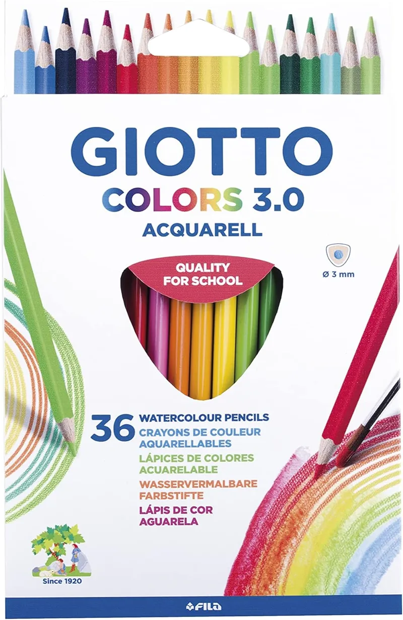 Giotto ▫️ Colors 3.0, Lápis de cor aquareláveis, formato triangular, mina de 3 mm, cores sortidas, 36 unidades