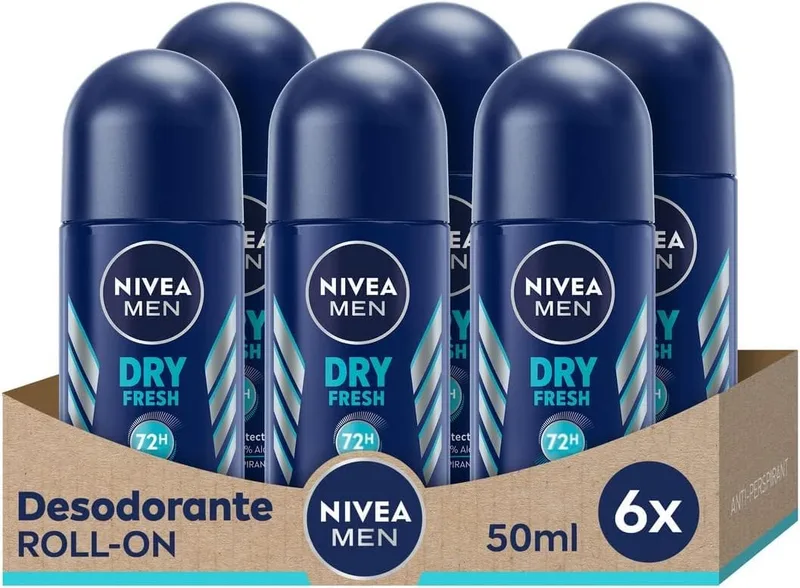 NIVEA MEN ▫️ Dry Fresh Roll-on, embalagem (6 x 50 ml), desodorizante antitranspirante com proteção de 72 horas, desodorizante roll-on para cuidados masculinos testado na vida real