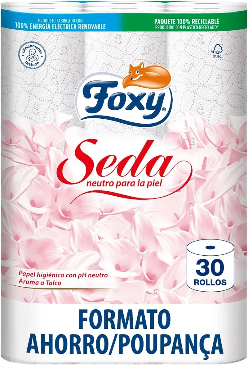 Foxy ▫️ Seda | Papel higiénico, 30 rolos | 173 folhas por rolo | Hipoalergénico | Certificação FSC | 100% de energia elétrica renovável | Embalagem reciclável produzida com plástico reciclado
