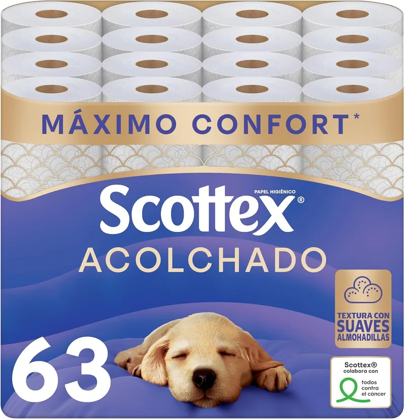 Scottex ▫️ Papel Higiénico Acolchado - 63 rolos (7 embalagens de 9 rolos) - Papel Higiénico de 3 camadas