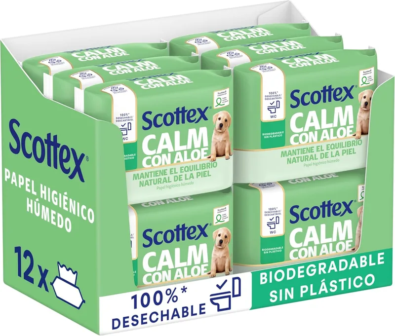Scottex ▫️ Papel Higiénico Húmido com Aloe Vera e Prebióticos, Biodegradável e Sem Plástico, Caixa com 12 embalagens de 66 unidades, Total de 792 toalhitas húmidas descartáveis para a casa de banho