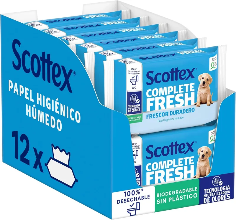 Scottex ▫️ Papel Higiénico Húmido Fresh com Água Micelar e Vitamina E, Biodegradável e Sem Plástico, Caixa com 12 embalagens de 38 toalhitas, Total de 456 Toalhitas Húmidas Descartáveis para a Sanita