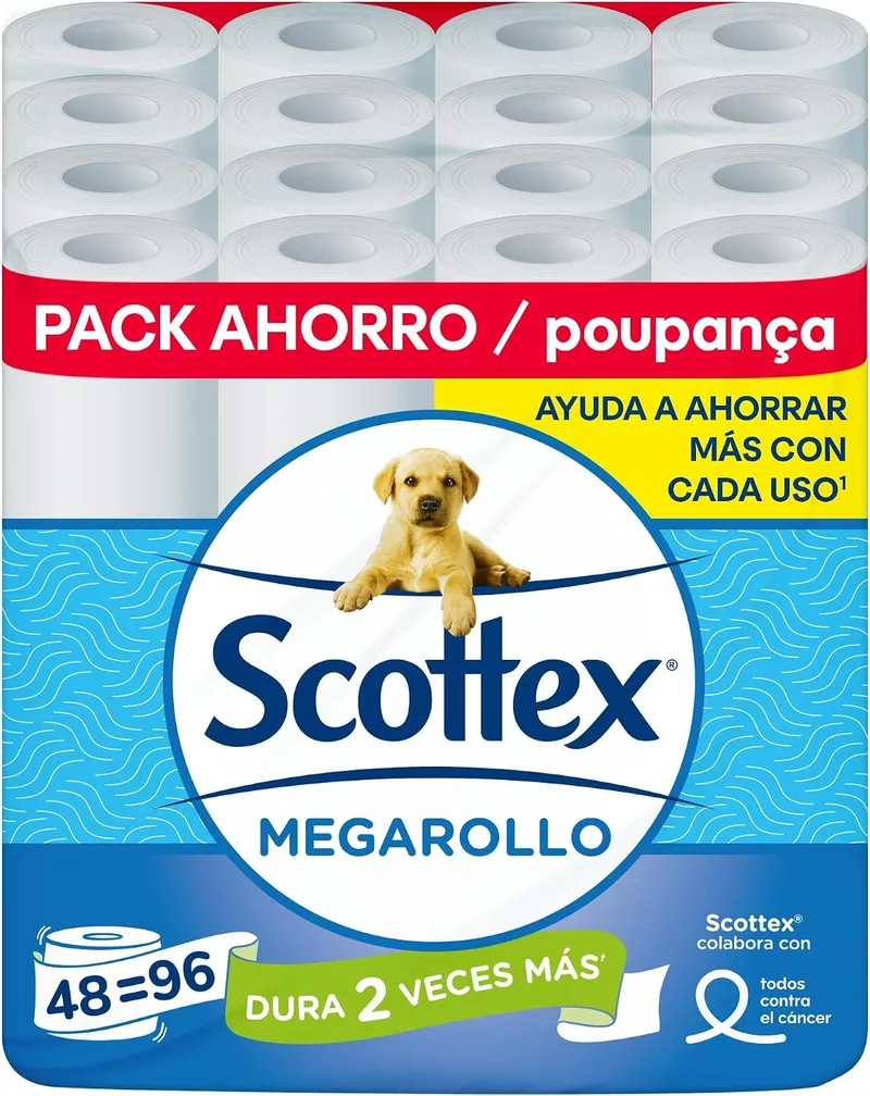 Scottex ▫️ Papel higiénico em megarolo (duplo rolo) – 48 rolos equivalem a 96 rolos normais – (4 embalagens de 12 rolos)