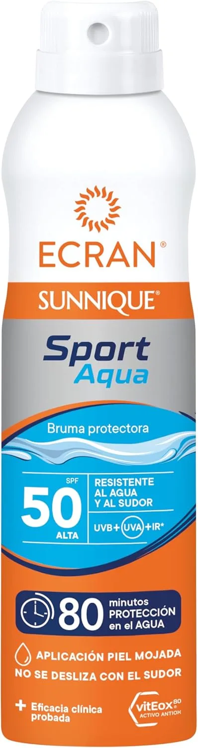 Ecran ▫️ Sunnique Sport - Loção Solar SPF 50 para pele molhada, alta proteção contra os raios UVB e UVA, reforça as defesas, resistente à água, para todos os tipos de pele - 250 ml
