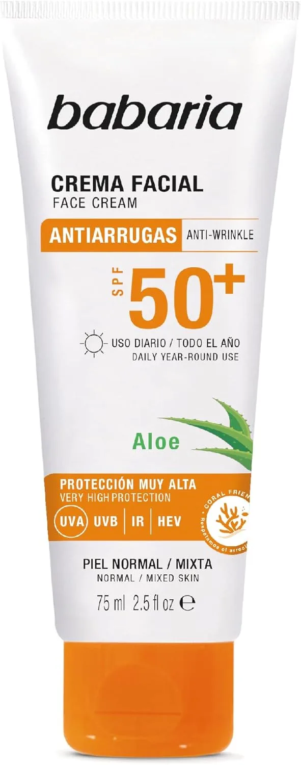 Babaria ▫️ Protetor Solar Facial FPS 50 com Aloe | Protetor Solar FPS 50 | Creme Antirrugas para Mulher | Creme Hidratante Facial para Mulher | Proteção Muito Elevada com Aloe Vera