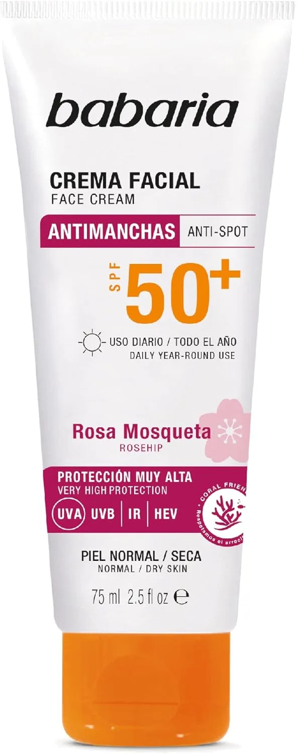 Babaria ▫️ Protetor Solar Facial FPS 50+ Antimanchas com Rosa Mosqueta 75 ml – Antirrugas, Hidratante e Amigo dos Recifes de Coral - Protetor Solar Facial 50 para Mulher