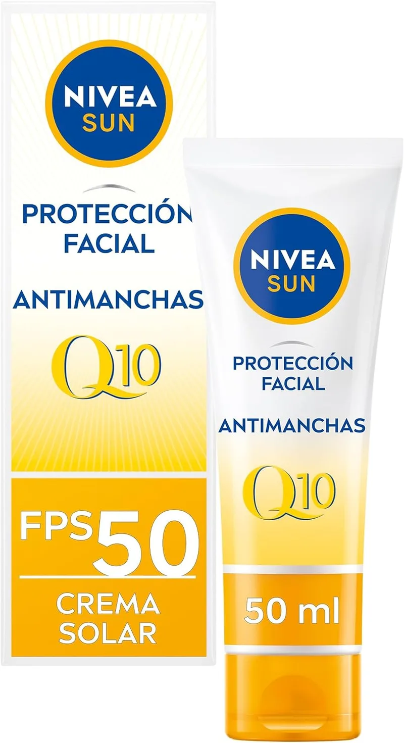NIVEA SUN ▫️ Q10 Anti-Envelhecimento Proteção Facial SPF50+ Respirável - Protetor Solar UV Facial - Reduz as rugas em 7 dias - Q10, Péptidos de Colagénio, Licochalcona A - 0% Sensação Oleosa - Pele Madura - 40 ml