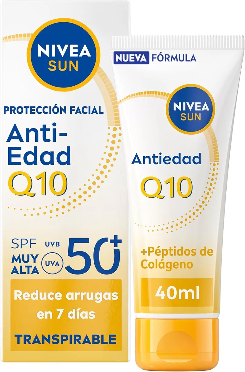 NIVEA SUN ▫️ Q10 Anti-Envelhecimento Proteção Facial SPF50+ Respirável - Protetor Solar UV Facial - Reduz as rugas em 7 dias - Q10, Péptidos de Colagénio, Licochalcone A - 0% Sensação Oleosa - Pele Madura - 50 ml